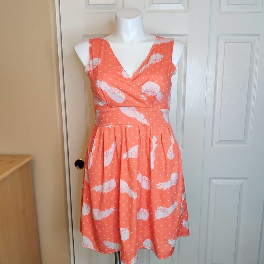 Maison Jules Coral Pineapple Polka Dot Surplice Pleated Dress sz L
